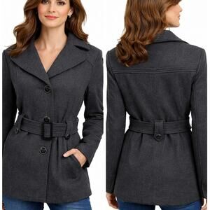 NWT Kenneth Cole Reaction Pea coat Women Size M Belted Gray Cotton Poly Blend